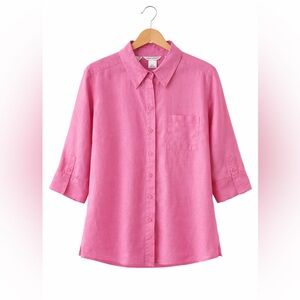 Linen Button Down Large Pink 3/4 Sleeve 100% Irish Linen